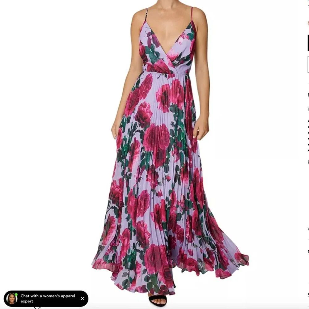 Laundry by Shelli Segal Rose Print Pleated Purple Pink Floral Maxi Dress 8 NWT